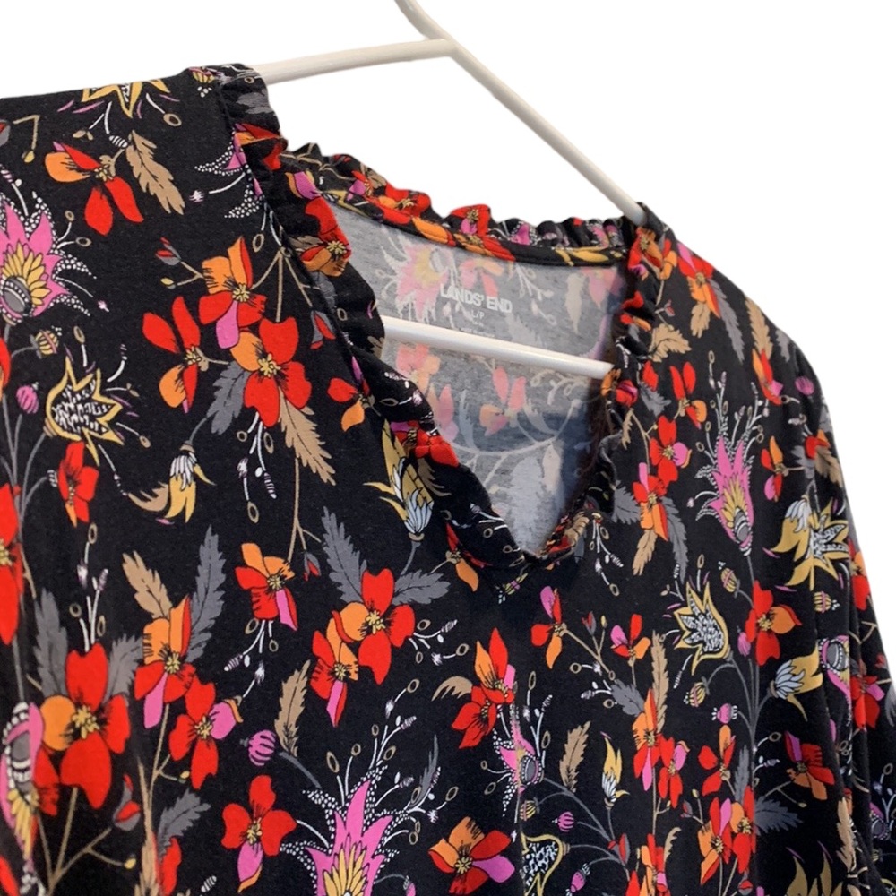 Lands End V-Neck Top Floral Ruffle Neck Large Petite